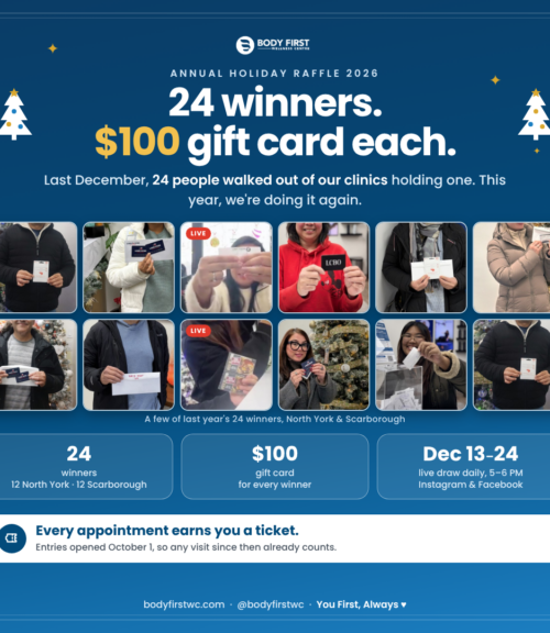 Body First Wellness Centre Annual Holiday Raffle 2026 with 24 winners of $100 gift cards drawn daily from December 13 to 24