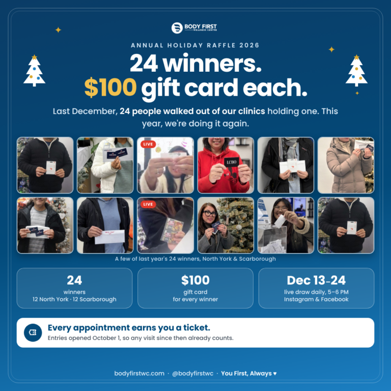 Body First Wellness Centre Annual Holiday Raffle 2026 with 24 winners of $100 gift cards drawn daily from December 13 to 24
